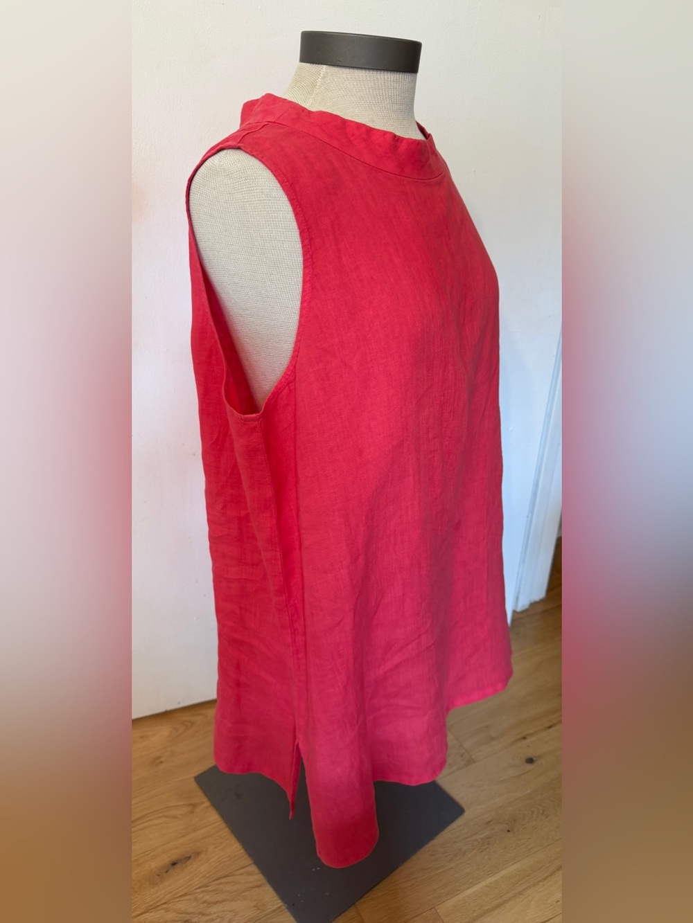Eileen Fisher Handerkerchief Linen Polished Mock Neck Coral Red Tunic Top - Picture 2 of 7